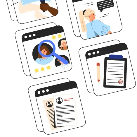 Digital interface illustrations showing screening and hiring processes